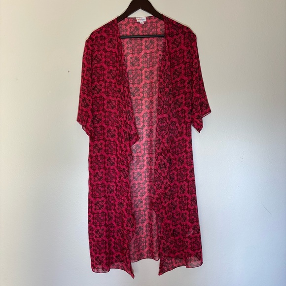 LuLaRoe Tops - LuLaRoe Sheer Red & Black Patterned Kimono Cardigan Size M